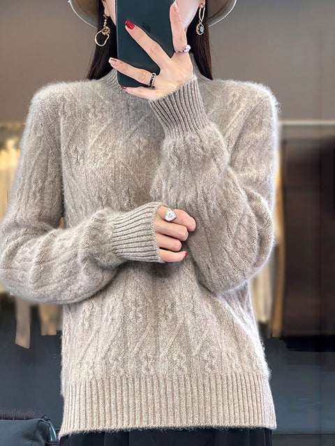 Women Autumn Half Turtleneck Wool Twist Knit Sweater