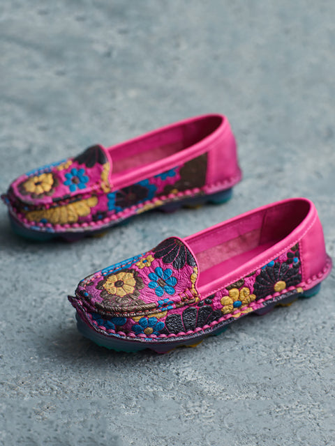 Zapatos planos suaves de cuero con flores de verano para mujer