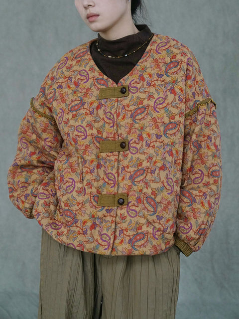 Chaqueta acolchada de algodón con cuello en V de invierno floral étnico para mujer