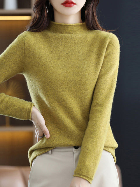 Women Autumn Solid Half High Collar 100%Wool Sweater