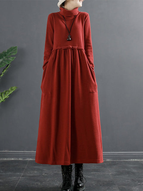 Plus Size Women Pure Color Turtleneck Draped Long Dress