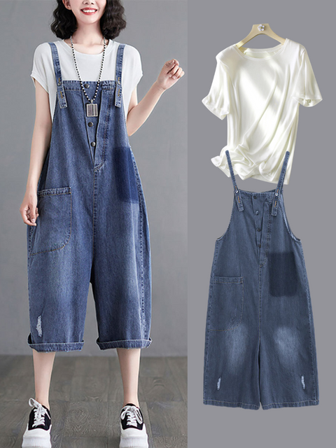 Women Summer Washed Pocket Frayed Button Denim Jumpsuits