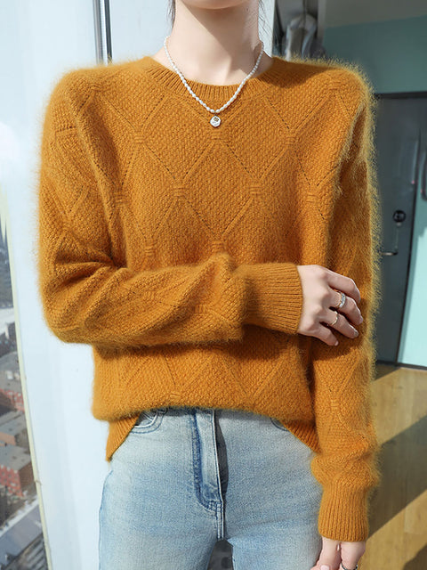 Women Autumn O-Neck Solid Rhomboids Wool Warm Knit Sweater