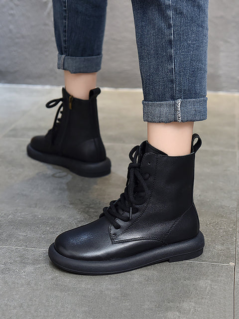 Women Genuine Leather Soft Zipper Mid Heel Martin Boots