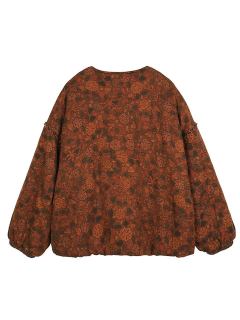 Chaqueta acolchada de algodón con cuello en V de invierno floral étnico para mujer