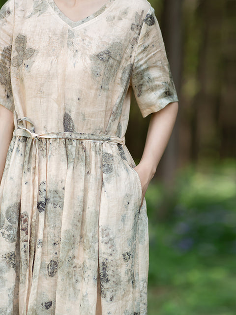 Vestido de ramio con cordón y estampado de tinta artístico de talla grande para mujer