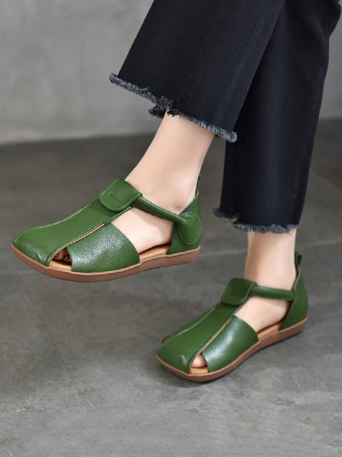 Sandalias planas con tiras de cuero suave estilo vintage de verano para mujer