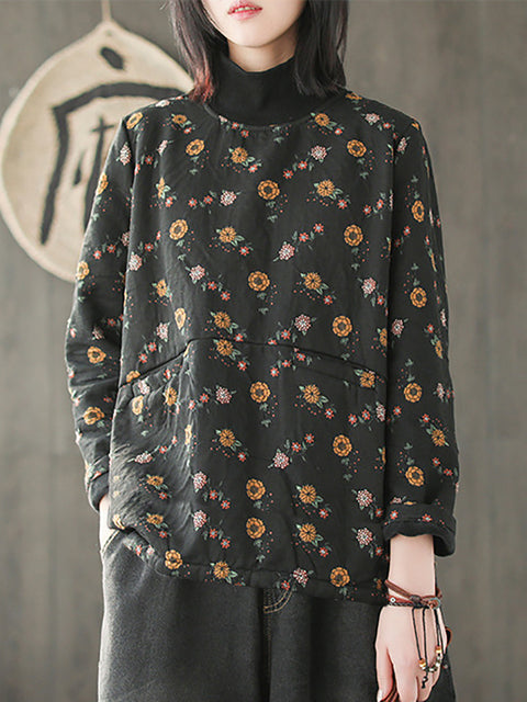 Camisa de algodón empalmada con cuello medio alto y flores vintage de talla grande