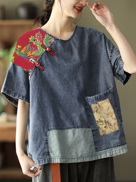 Plus Size Women Summer Vintage Spliced Denim Shirt