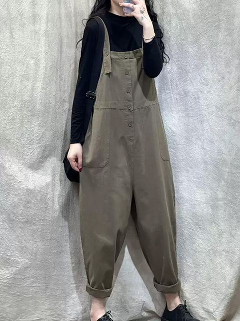 Women Spring Casual Pure Color Loose Jumpsuits