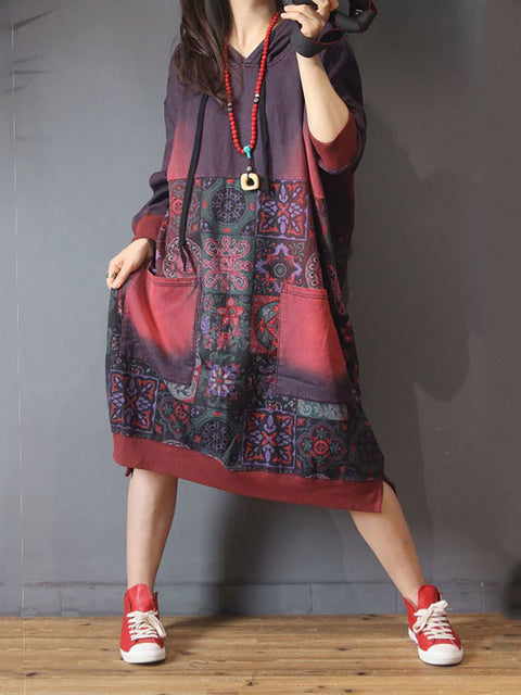 Women Vintage Flower Spliced Loose Hooded Dress