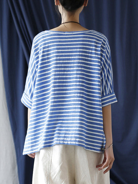 Women Summer Casual Stripe Loose O-Neck Shirt