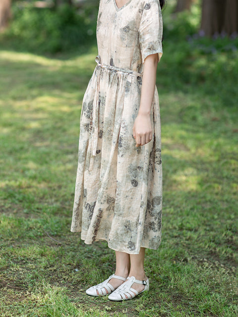 Vestido de ramio con cordón y estampado de tinta artístico de talla grande para mujer