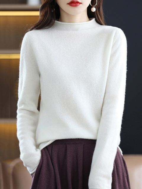 Women Autumn Solid Half High Collar 100%Wool Sweater