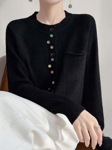 Women Autumn O-Neck Colorful Button Knit Sweater