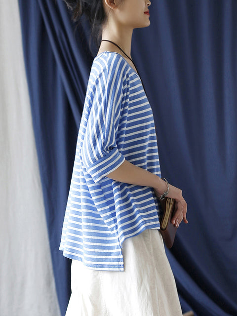 Women Summer Casual Stripe Loose O-Neck Shirt