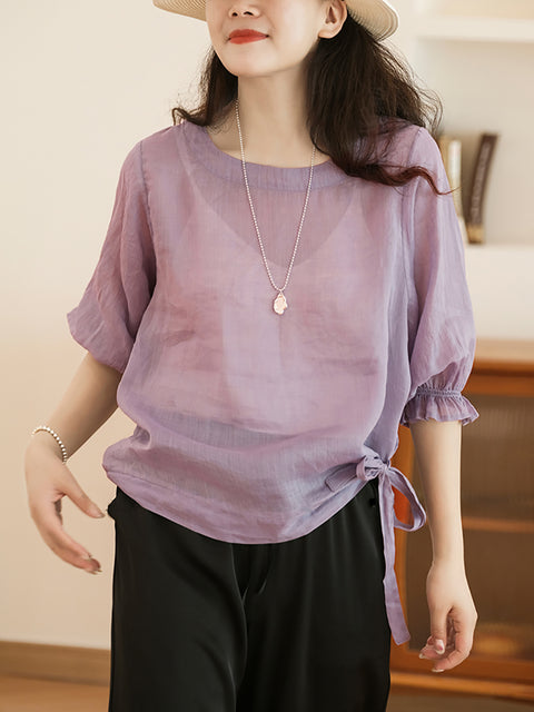 Women Casual Solid Summer Lacework Sleeve Drawstring Shirt