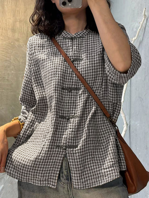 Camisa de algodón con botones y cuadros retro de verano para mujer, talla grande