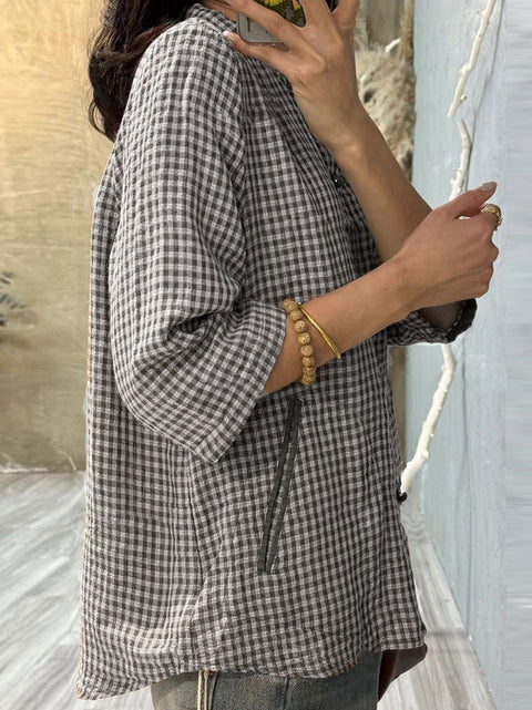 Camisa de algodón con botones y cuadros retro de verano para mujer, talla grande