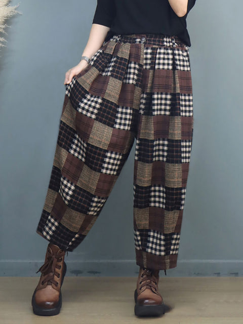 Plus Size Women Autumn Vintage Plaid Harem Pants