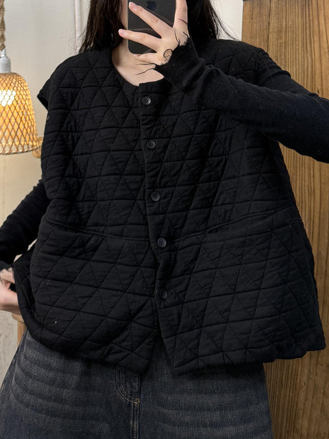 Plus Size Women Retro Solid Rhomboid O-Neck Vest Coat