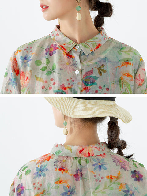 Camisa de largo medio con abertura en el pecho y estampado de hojas y flores en talla grande