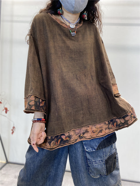 Women Summer Vintage Spliced Worn Solid Cotton Shirt