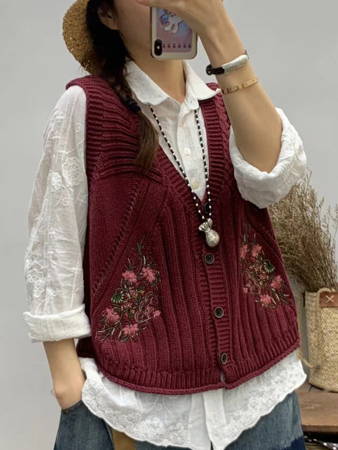 Women Vintage Floral Embroidery V-neck Knitted Vest