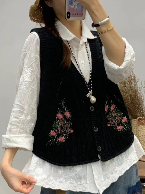 Women Vintage Floral Embroidery V-neck Knitted Vest