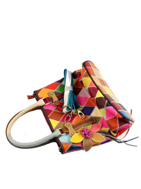 Bolso de mano con flores de cuero en contraste de color para mujer