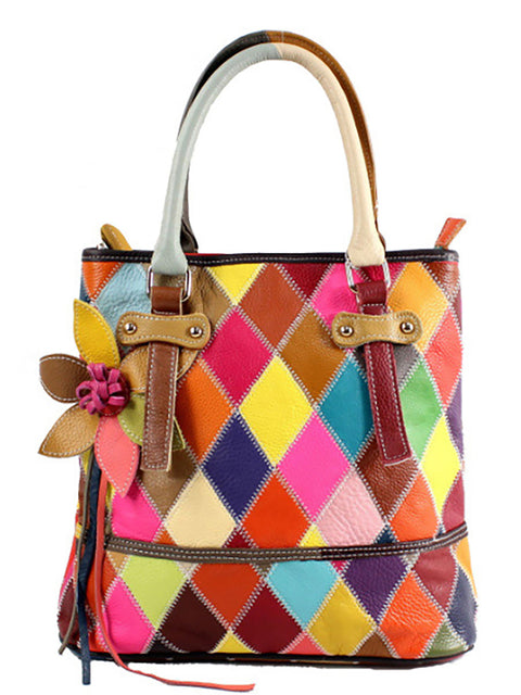 Bolso de mano con flores de cuero en contraste de color para mujer