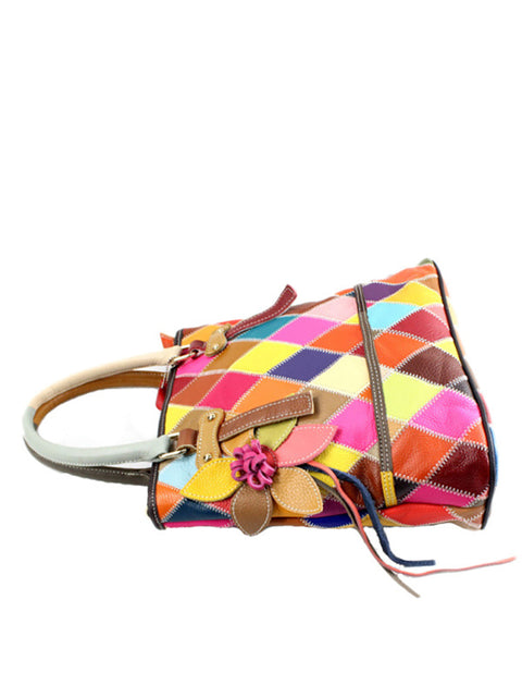 Women Color Contrast Leather Flower Handbag