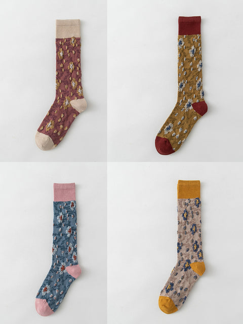 4 pares de calcetines largos de invierno con estampado floral de jacquard para mujer