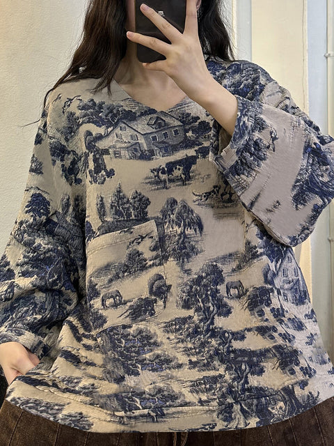 Camisa de manga larga con cuello en V y estampado vintage para mujer de talla grande