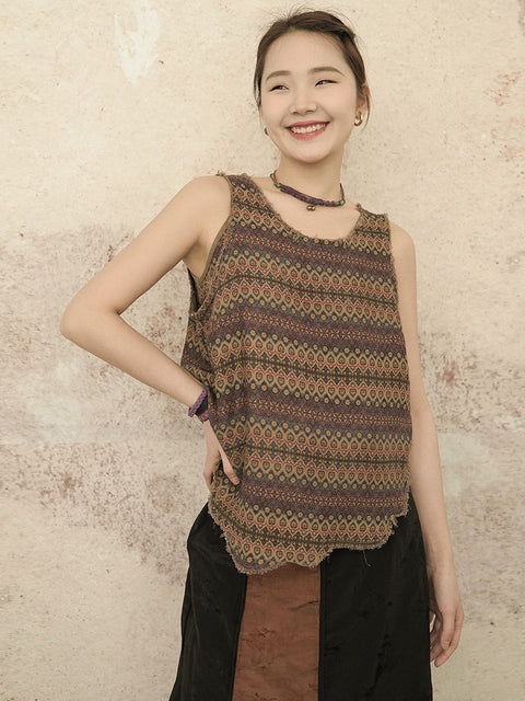 Women Retro Worn Irregular Hem Geometric Vest