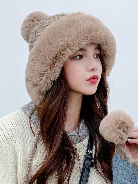 Gorro de bola de pelo cálido y grueso para mujer de invierno