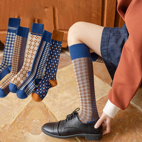 5 pares de calcetines largos cálidos a cuadros vintage para mujer