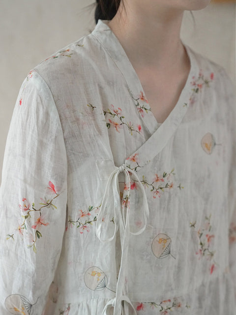 Camisa holgada con cordón y flores de estilo chino para mujer