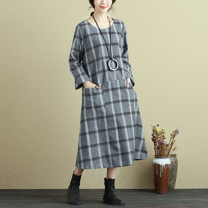 Round Neck Loose Casual Plaid Autumn Dress For Women - Buykud