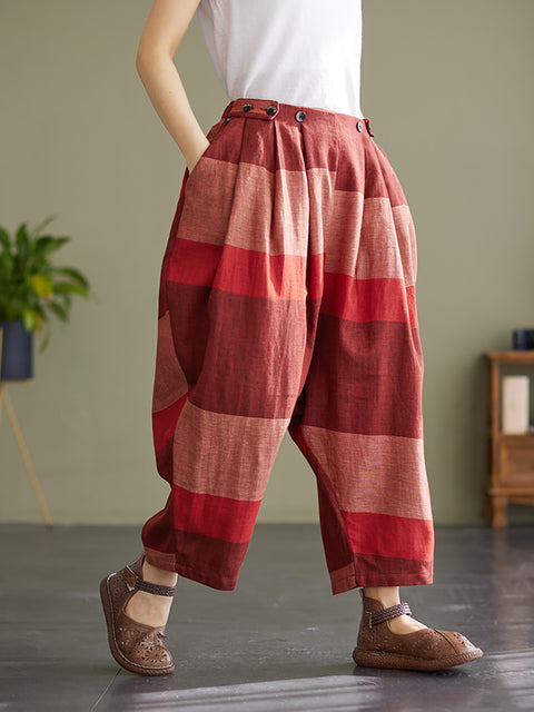 Pantalones sueltos con linterna plisada y cintura elástica a rayas para mujer