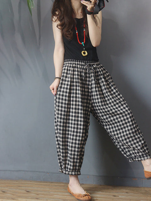 Plus Size Summer Plaid Drawstring Cotton Linen Harem Pants