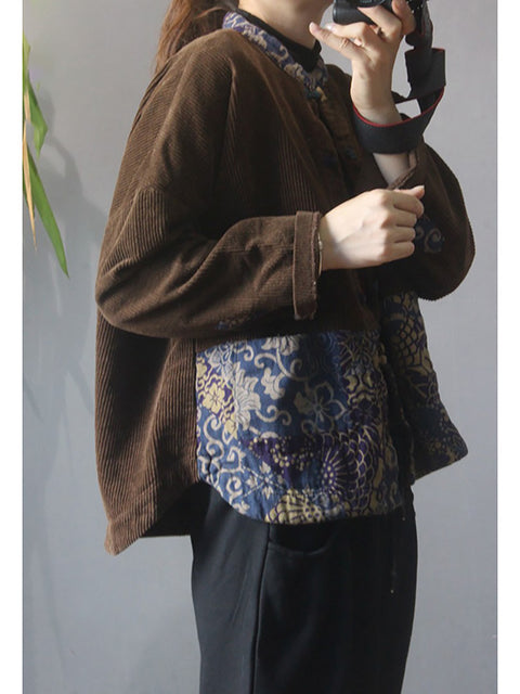 Plus Size Women Flower Patchwork Corduroy Coat