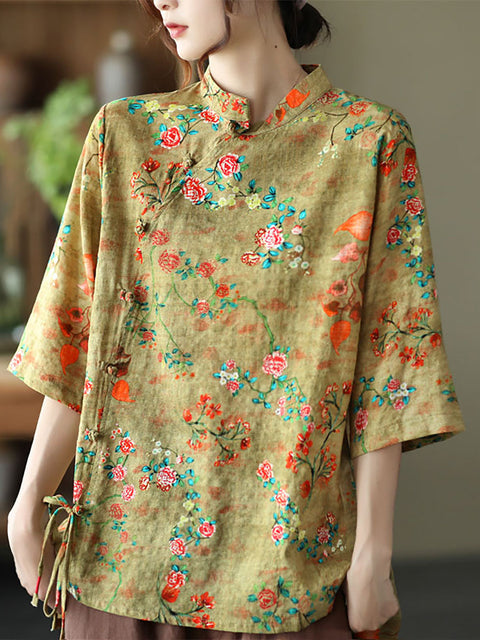 Tallas grandes - Camisa vintage irregular floral de lino y algodón