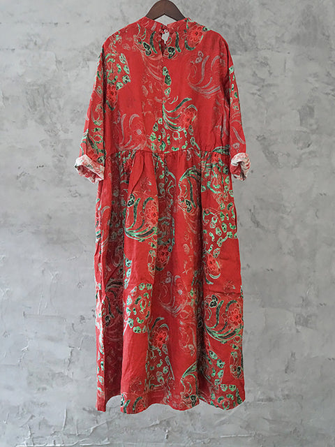 Plus Size Women Linen Vintage Printed Floral Dress