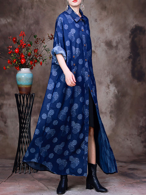 Women Streetwear Printed Denim Long Coat