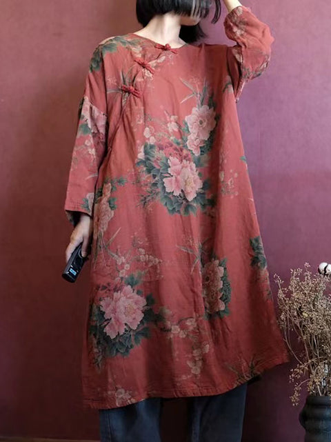 Vestido casual de mujer con estampado vintage de algodón de talla grande