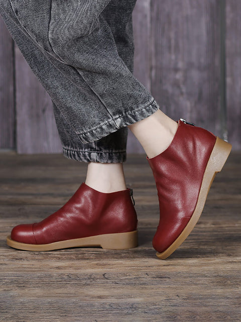 BUYKUD Botas cortas vintage de cuero genuino hechas a mano para mujer