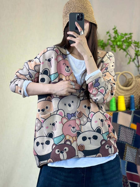 Women Floral Print Knitted Loose Sweater Coat