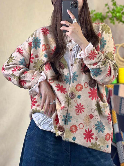 Abrigo tipo suéter suelto de punto con estampado floral para mujer