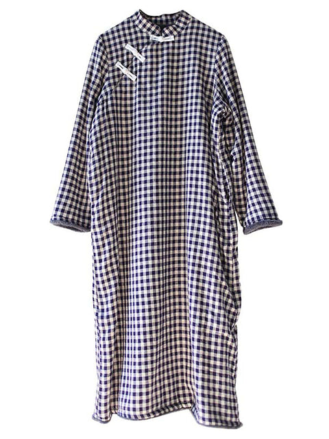 Chinese Style Women Winter Frog Thick Plaid Robe Dress